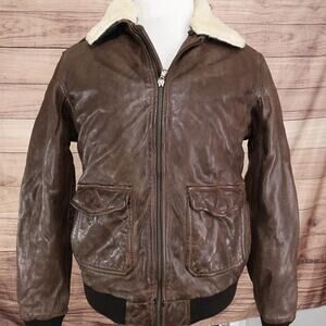 Redskins Leather Jacket Mens Large Brown Bomber Aviator Faux Shearling Collar